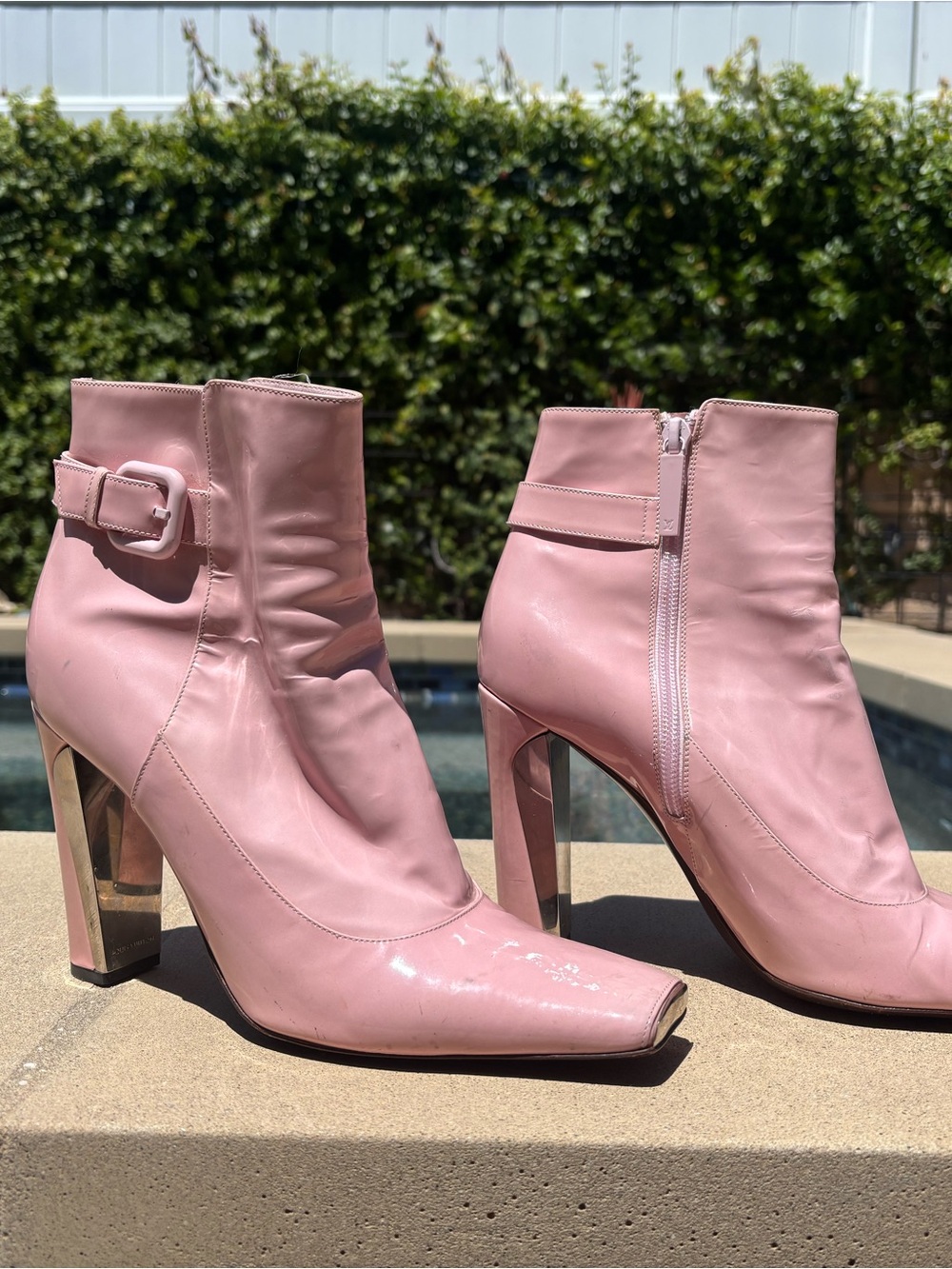 Louis Vuitton Pink High Heel Ankle Booties with Buckle